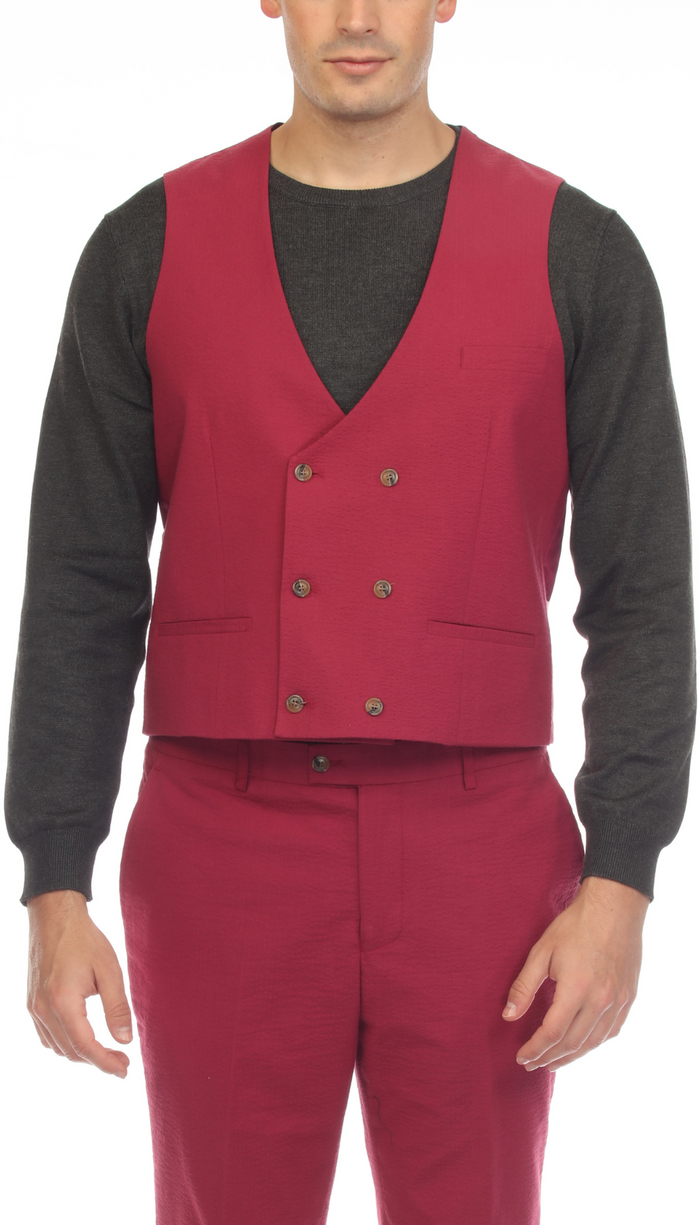 Mens Burgundy Grant Double Breasted Seersucker Mens Vest