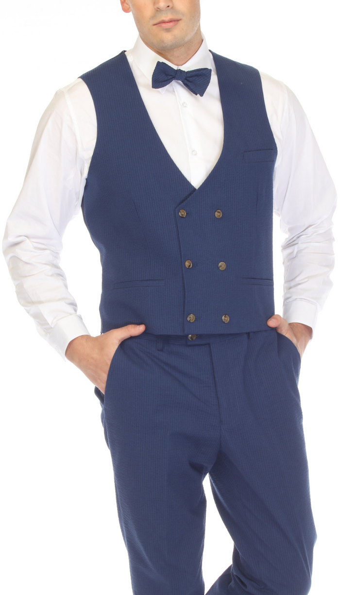 Men's Blue Grant Double Breasted Seersucker Vest