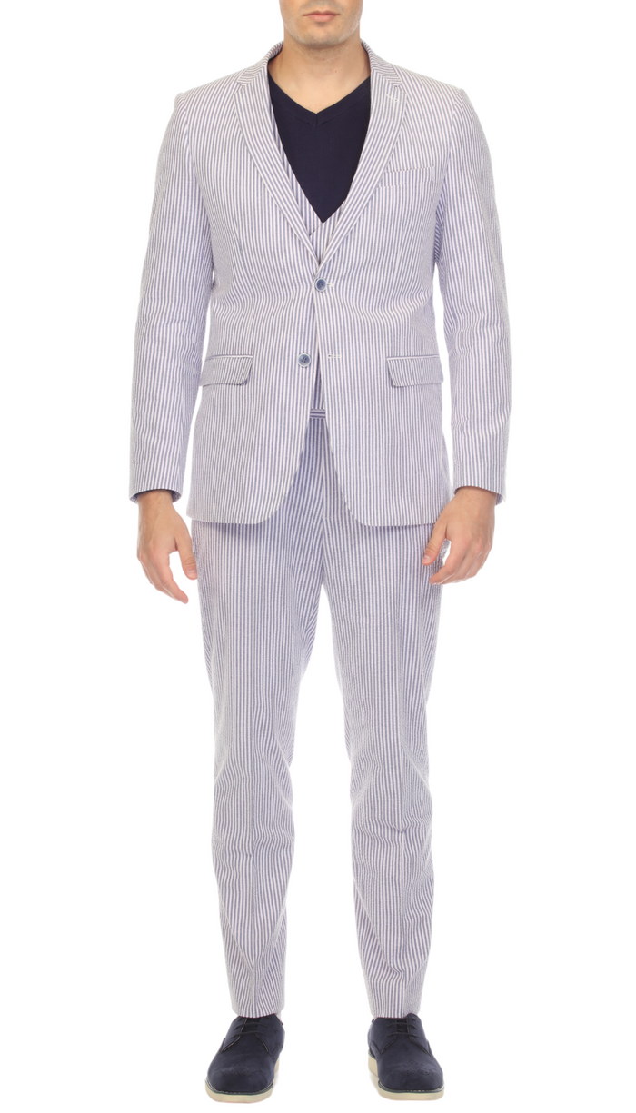 Men's Slim Fit Two Button Blue Seersucker Suit