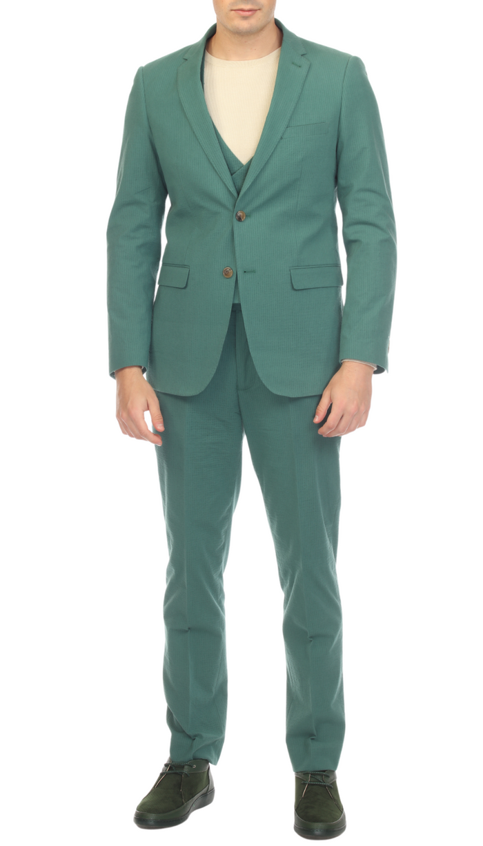 Men's Slim Fit Two Button Hunter Green 2 Button Notch Lapel Seersucker Suit.