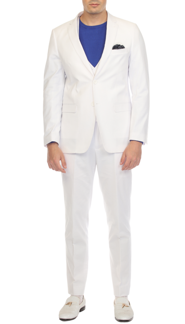 Men's Slim Fit Two Button White Seersucker Suit