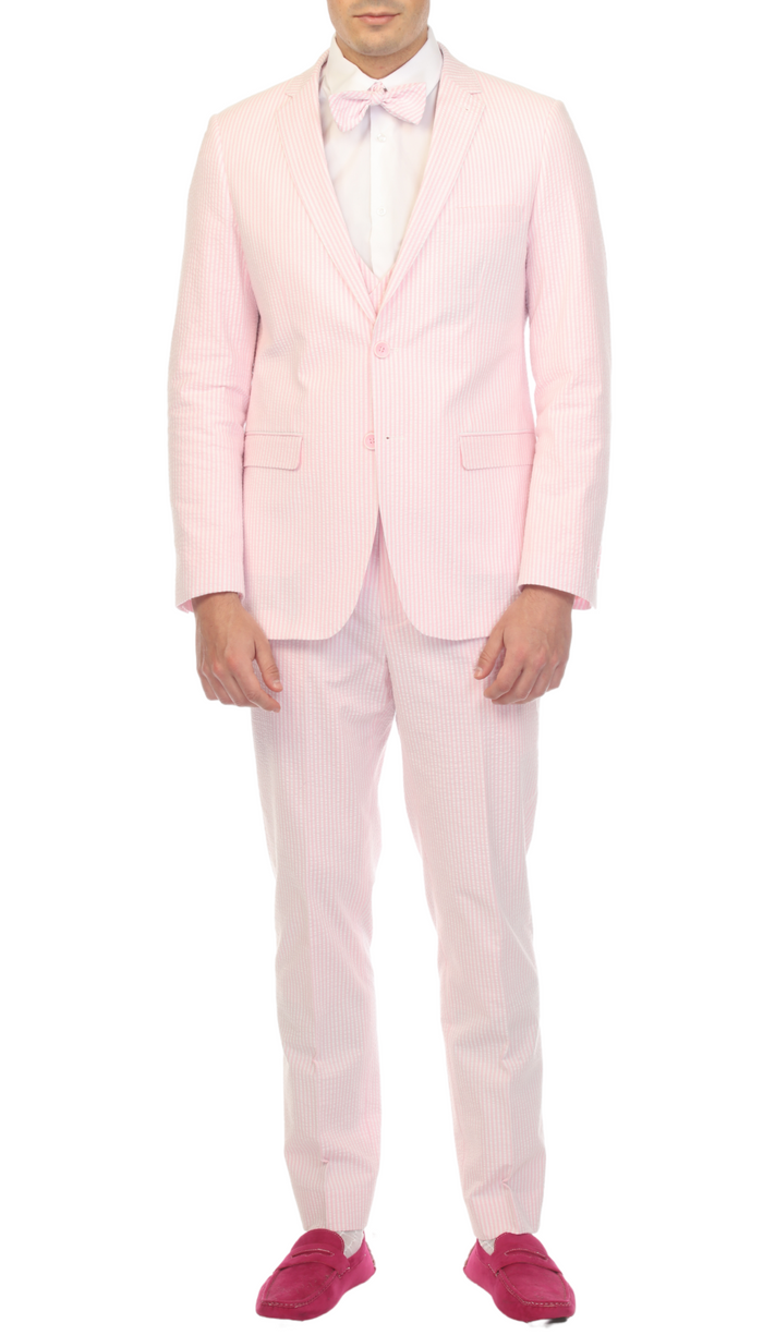 Men's Slim Fit Two Button Pink Seersucker Suit