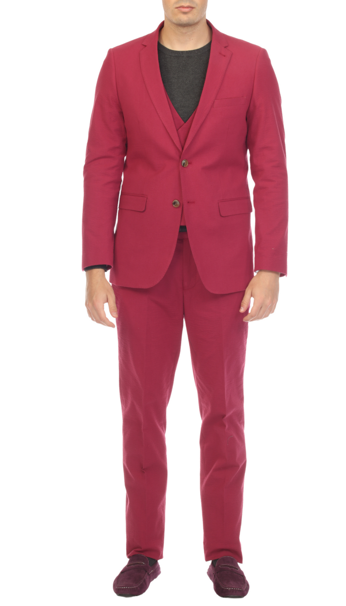 Men's Slim Fit Two Button Burgundy Seersucker Suit