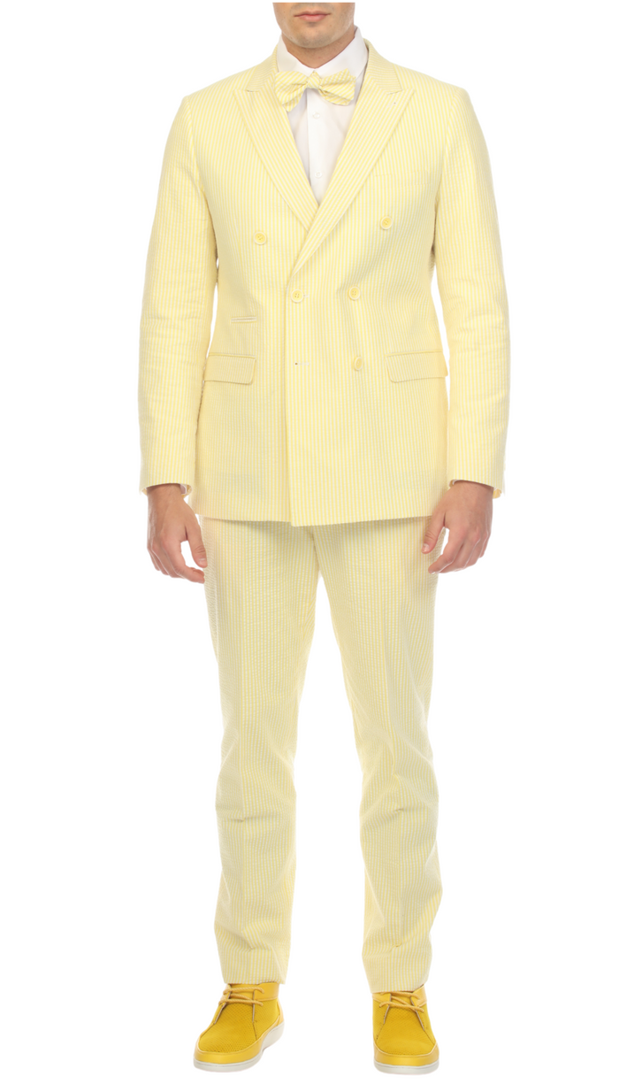 Men's Yellow Double Breasted Slim Fit Seersucker Suit