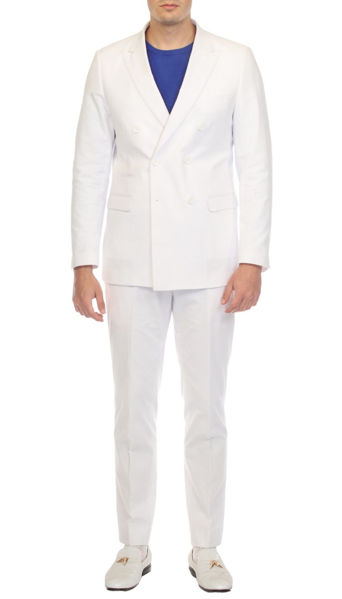 Men's White Double Breasted Slim Fit Seersucker Suit