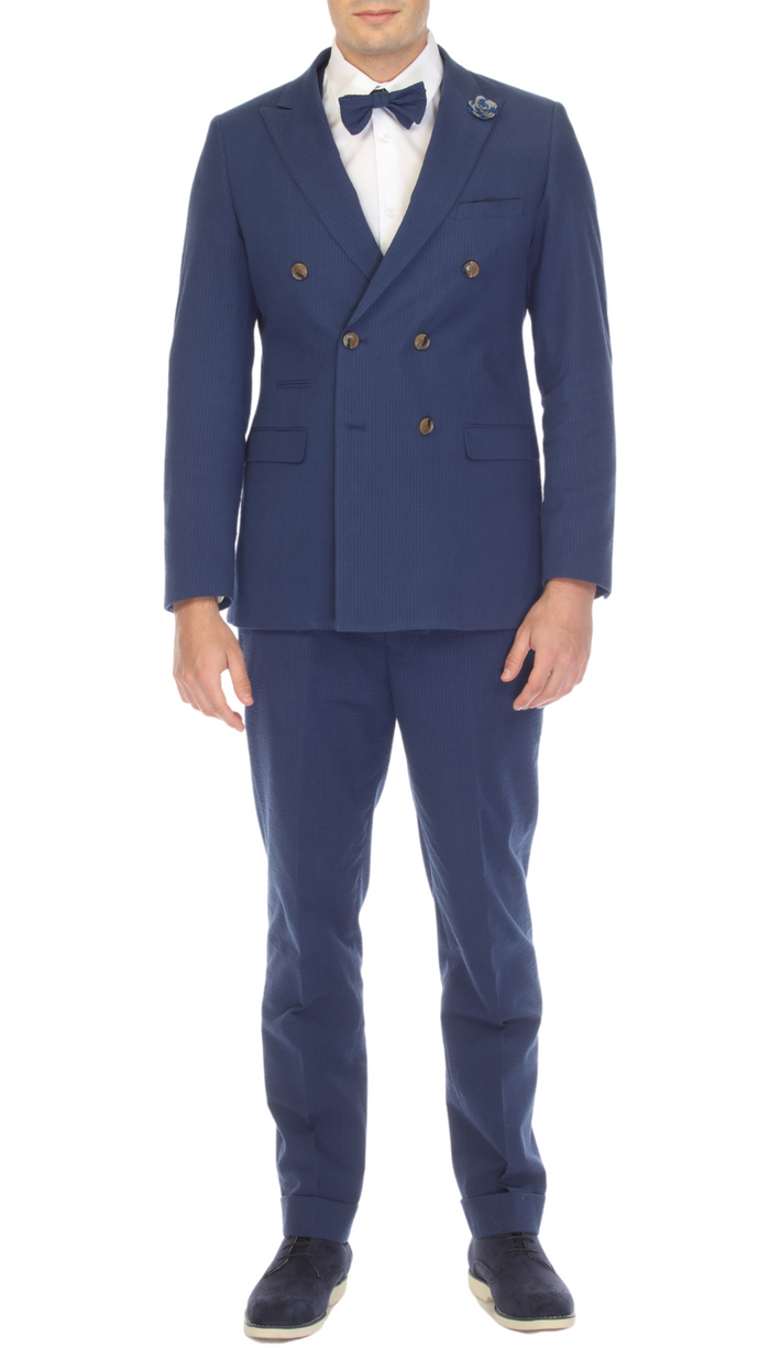 Men's Navy Double Breasted Slim Fit Seersucker Suit