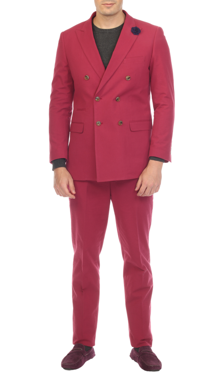 Men's Burgundy Double Breasted Slim Fit Seersucker Suit