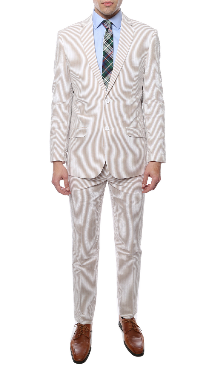 Men's Slim Fit Two Button Tan Seersucker Suit