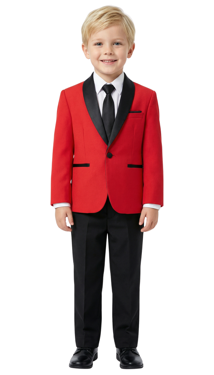 Ultimate Elegance: Boys Red/Black Shawl Collar Tuxedo for Dapper Occasions
