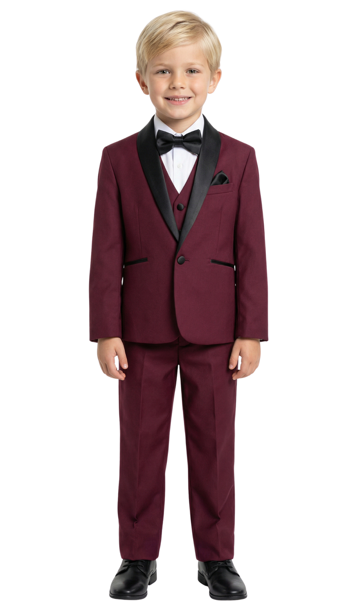 Ultimate Elegance: Boys Burgundy Shawl Collar Tuxedo for Dapper Occasions