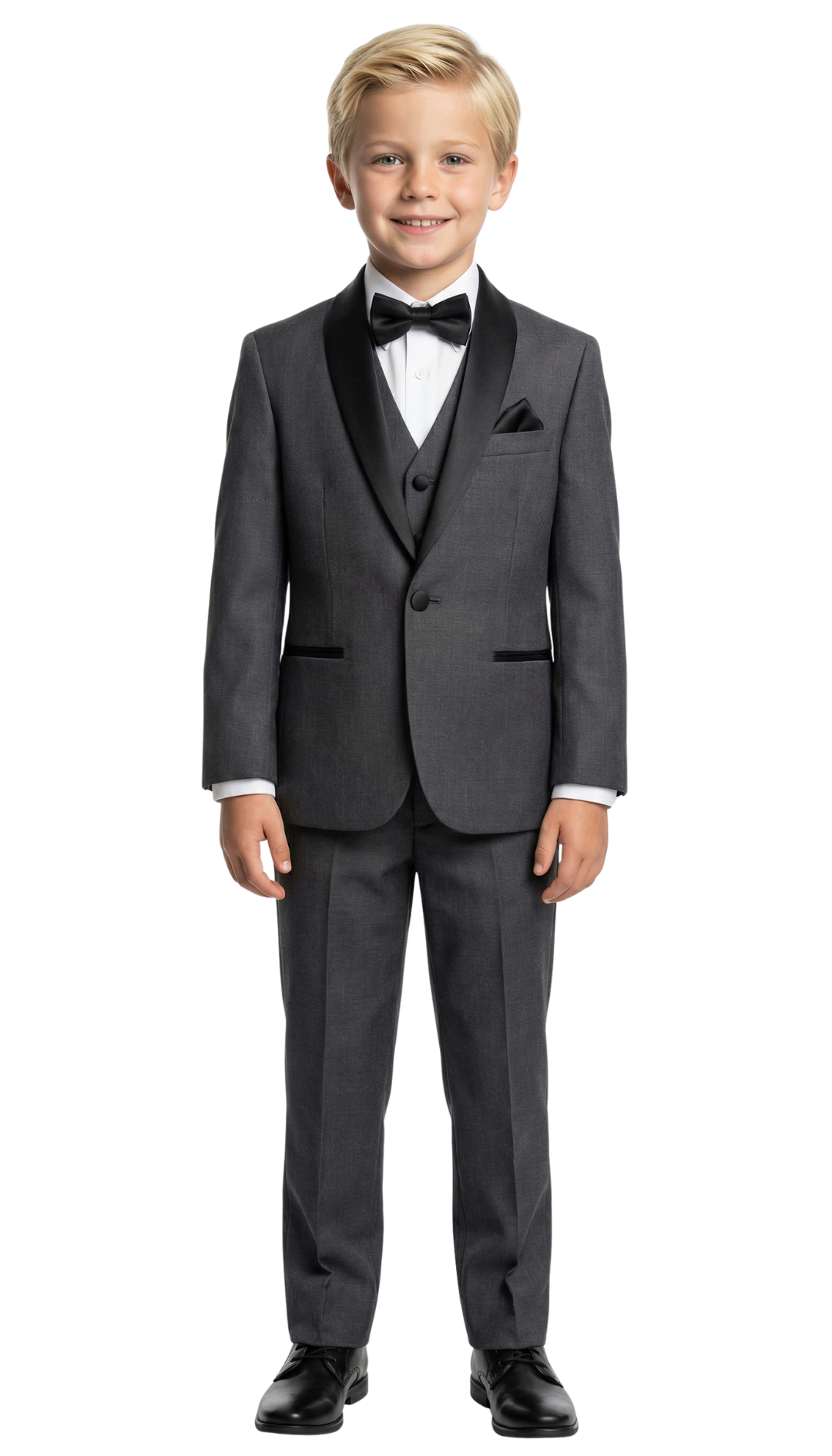 Ultimate Elegance: Boys Grey Shawl Collar Tuxedo for Dapper Occasions