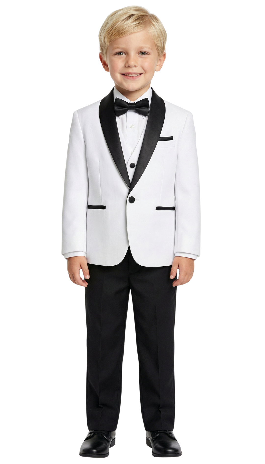 Ultimate Elegance: Boys White/Black Shawl Collar Tuxedo for Dapper Occasions