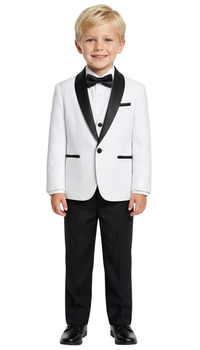 Ultimate Elegance: Boys White/Black Shawl Collar Tuxedo for Dapper Occasions