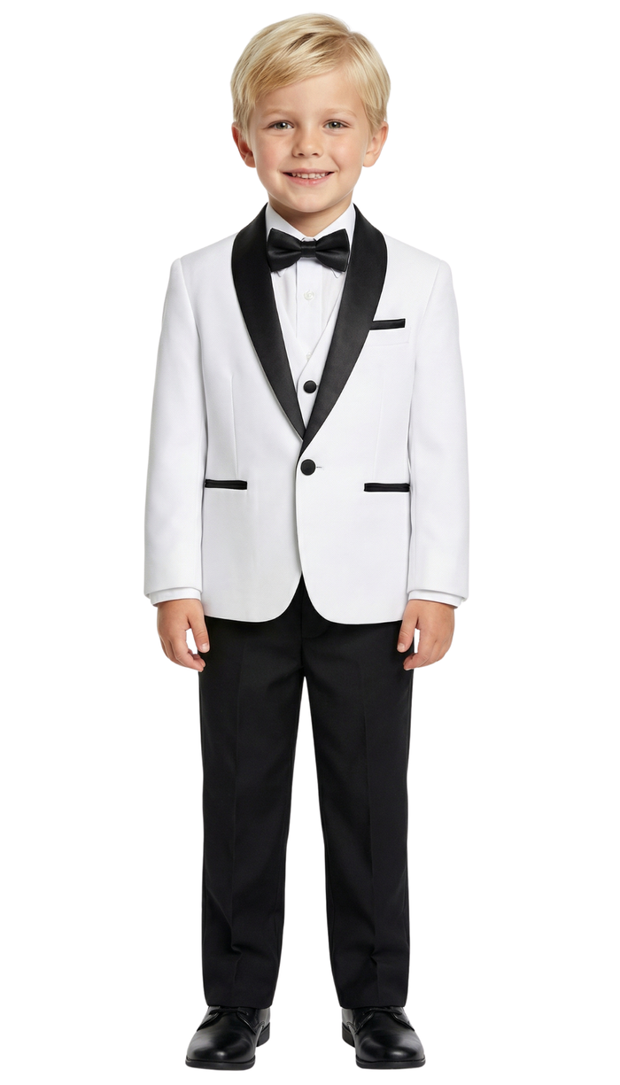 Ultimate Elegance: Boys White/Black Shawl Collar Tuxedo for Dapper Occasions