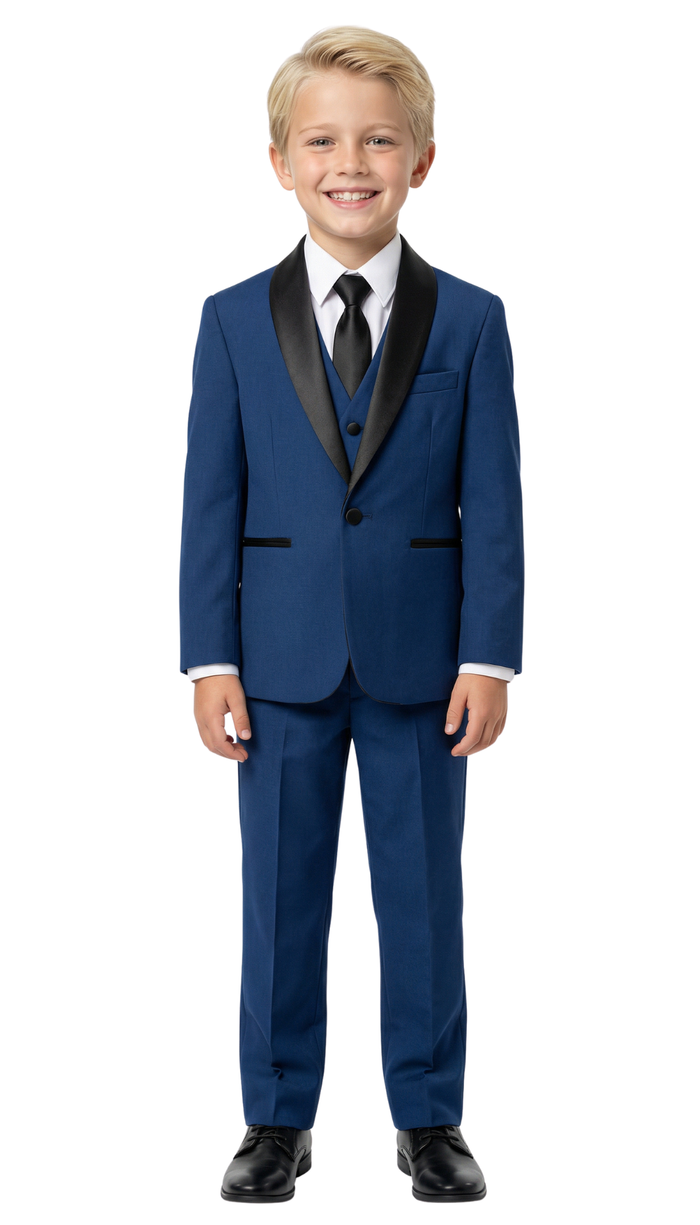 Ultimate Elegance: Boys Indigo Shawl Collar Tuxedo for Dapper Occasions