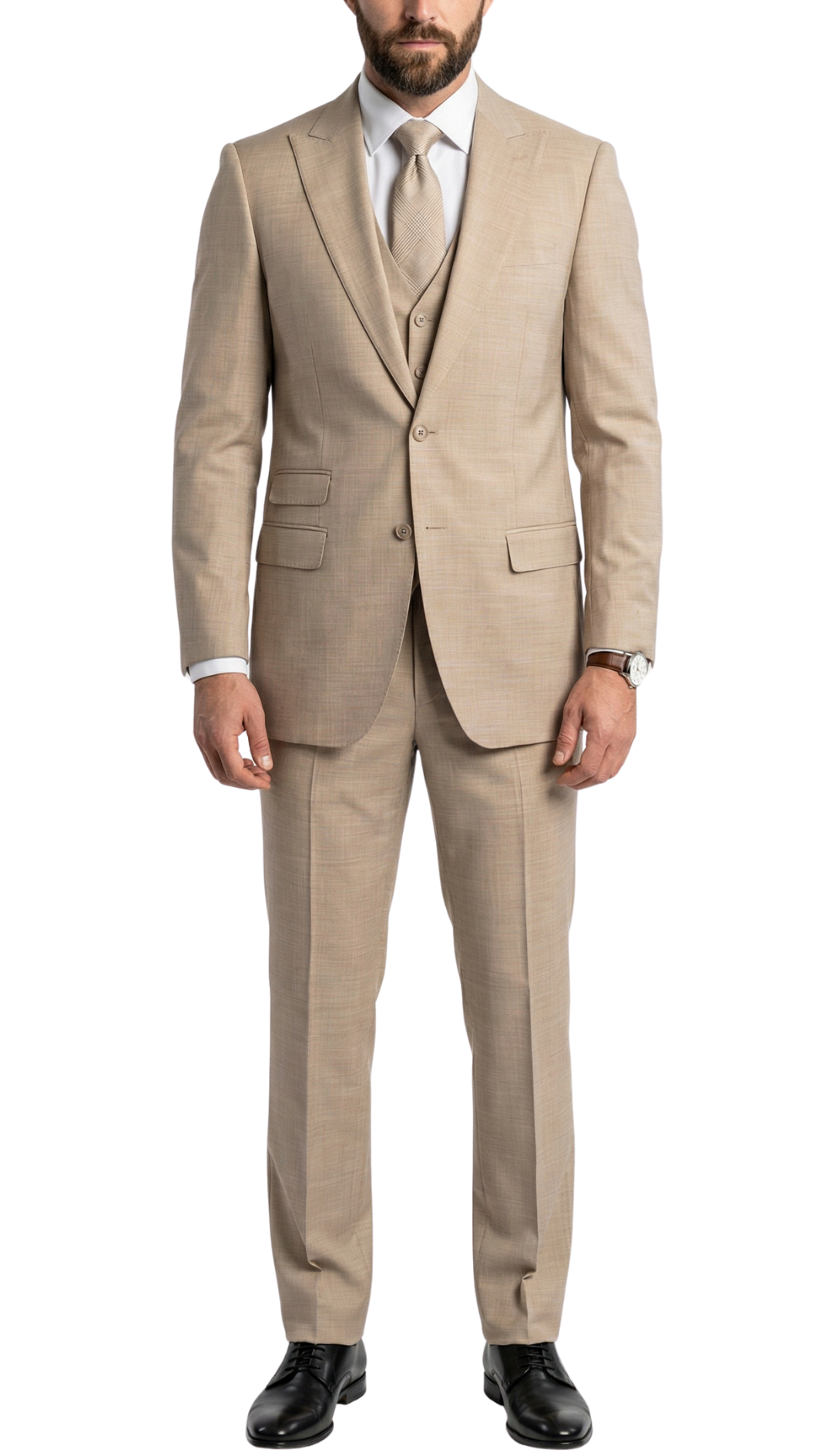 Rockford 3pc Tan Peak Lapel 2 Button Slim Fit Suit With Double Breasted Vest