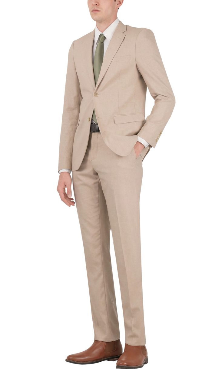 JAX MENS TAN 2 BUTTON NOTCH LAPEL PICK STITCHING 3 PC SLIM FIT SUIT