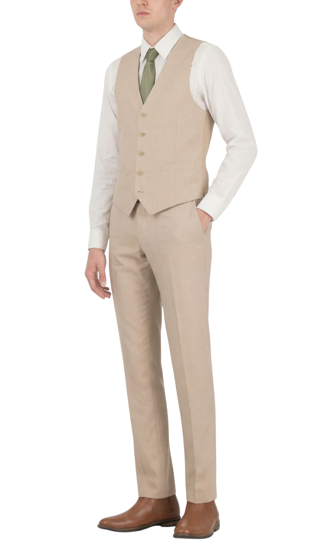 JAX MENS TAN 2 BUTTON NOTCH LAPEL PICK STITCHING 3 PC SLIM FIT SUIT