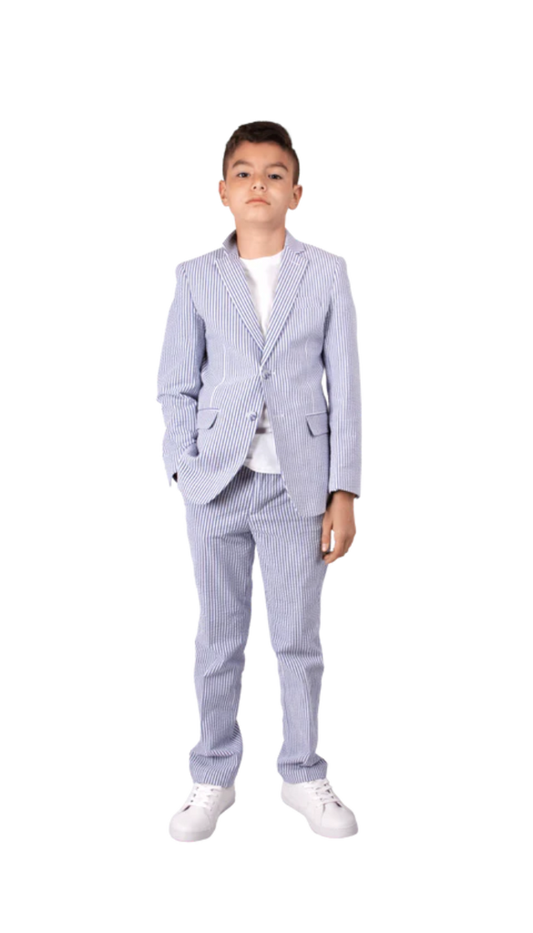 Ferrecci Boys Seersucker 2pc Suit Set Blue - Front