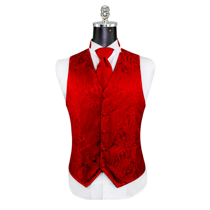 Ferrecci Mens Red/Black Paisley Wedding Prom Grad Choir Band 4pc Vest Set