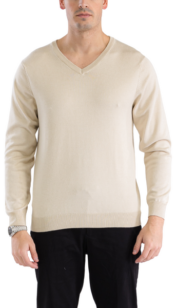 Sam Jacobi Mens Pullover Beige Knitted Sweater V-neck Stylish Knitwear Long Sleeve Casual Slim Fit