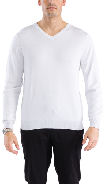 Sam Jacobi Men's Pullover White Knitted Sweater V-neck Stylish Knitwear Long Sleeve Casual Slim Fit