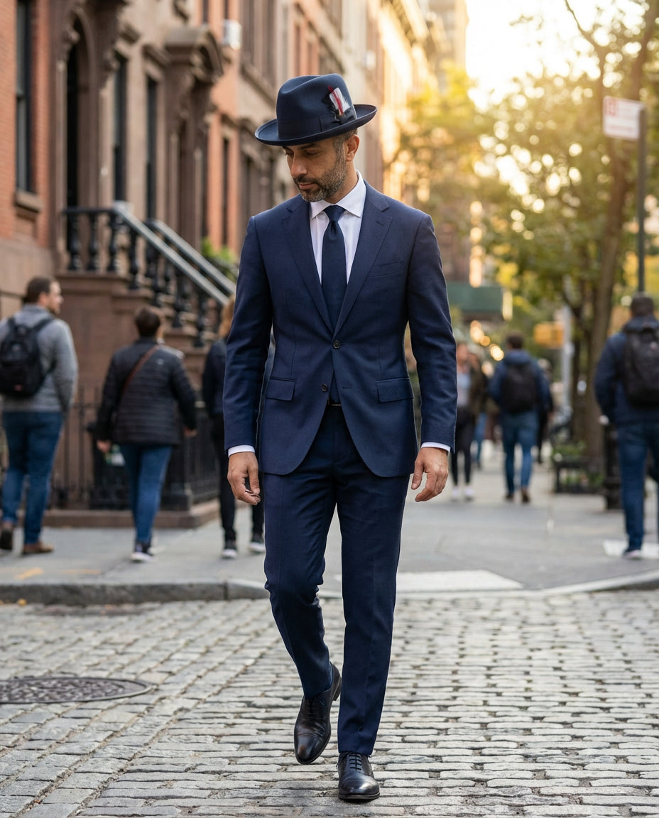 Ferrecci 100 % Wool Australian Firm Fur Felt Navy Godfather Hat