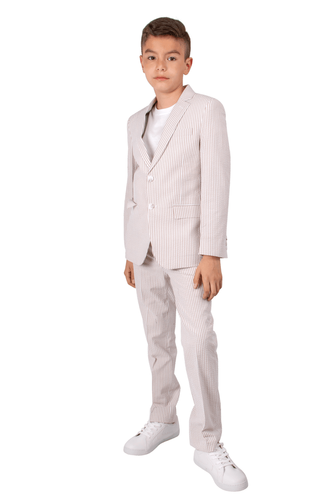 Ferrecci Boys Seersucker 2pc Suit Set Tan - Ferrecci USA 