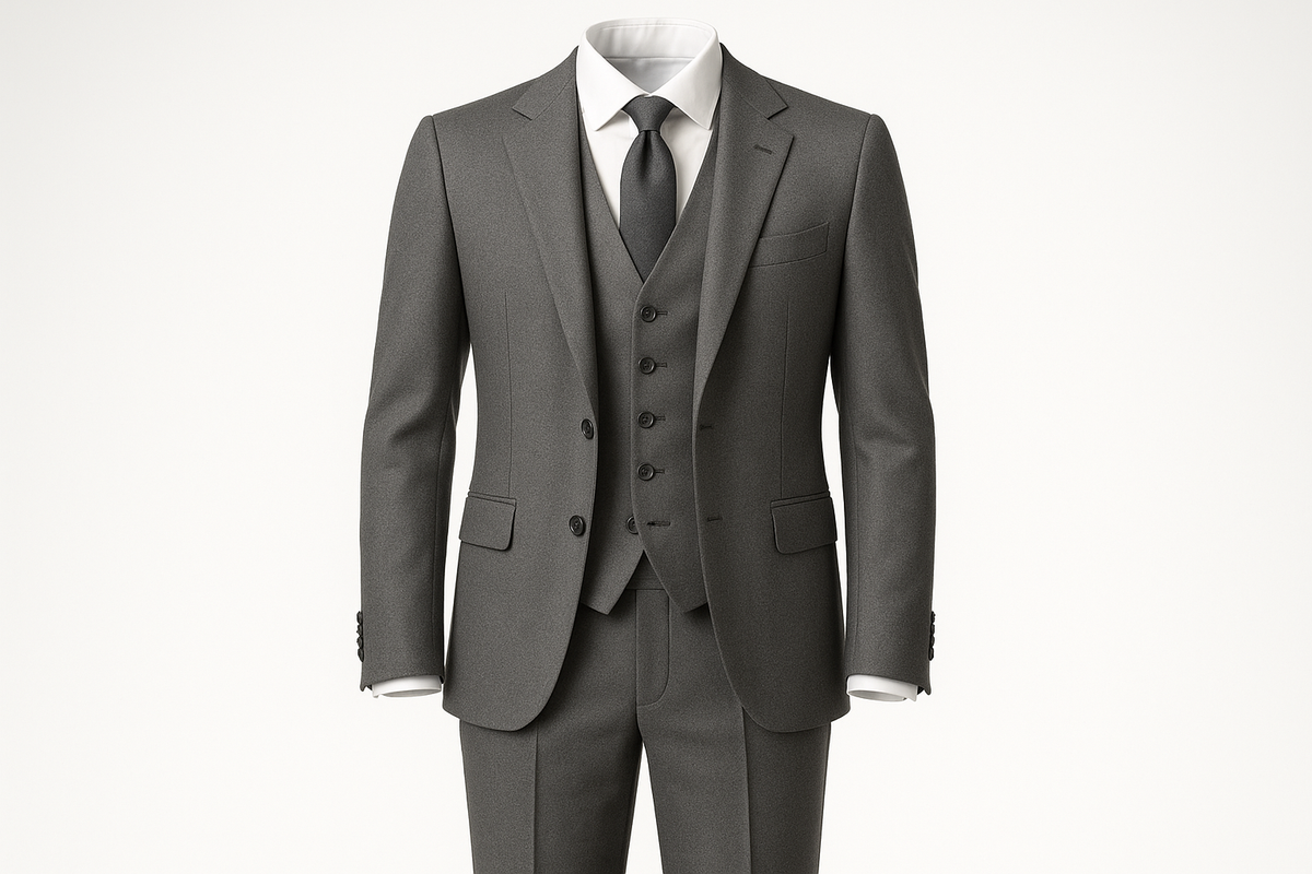make a picture of a mens three pcs suit in grey color 