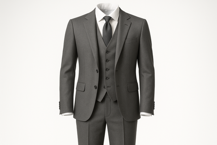 make a picture of a mens three pcs suit in grey color 