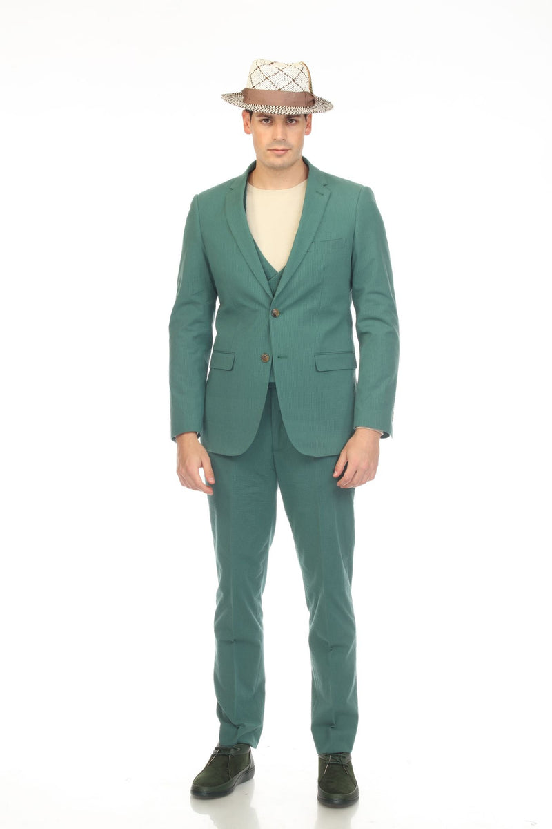 Men's Slim Fit Two Button Hunter Green 2 Button Notch Lapel Seersucker Suit.