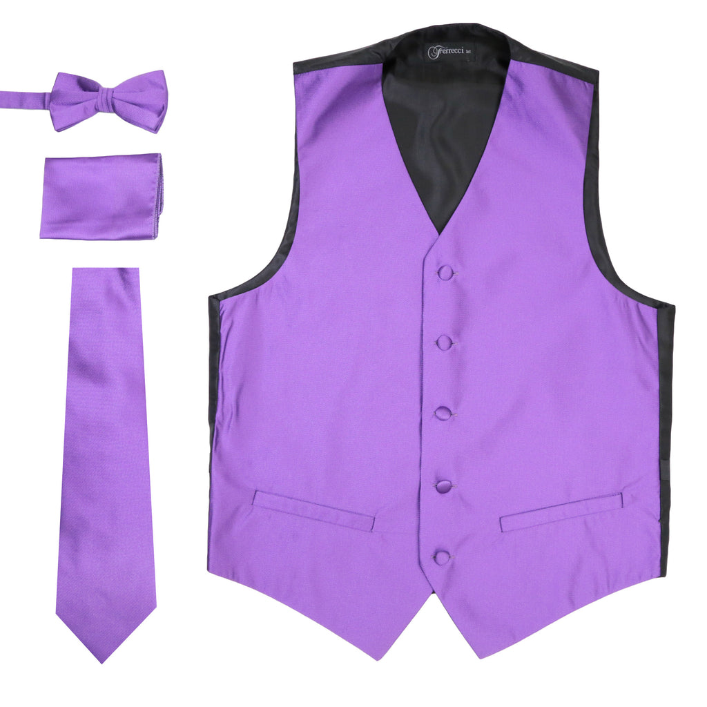 Ferrecci Mens Solid Purple Wedding Prom Grad Choir Band 4pc Vest Set - FHYINC best men