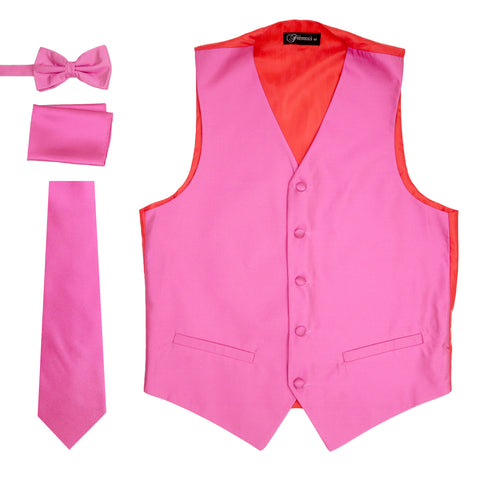 Ferrecci Mens Solid Fuchsia-Pink Wedding Prom Grad Choir Band 4pc Vest Set