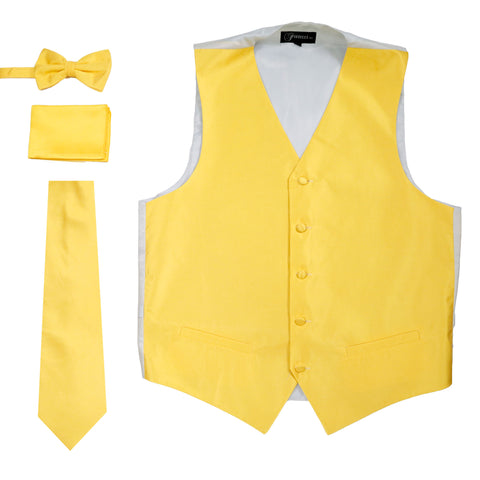 Ferrecci Mens Solid Yellow-Grey Wedding Prom Grad Choir Band 4pc Vest Set