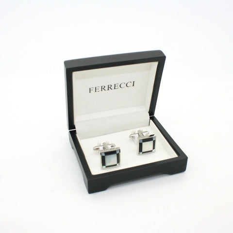 Silvertone Black and White Square Cuff Links With Jewelry Box
