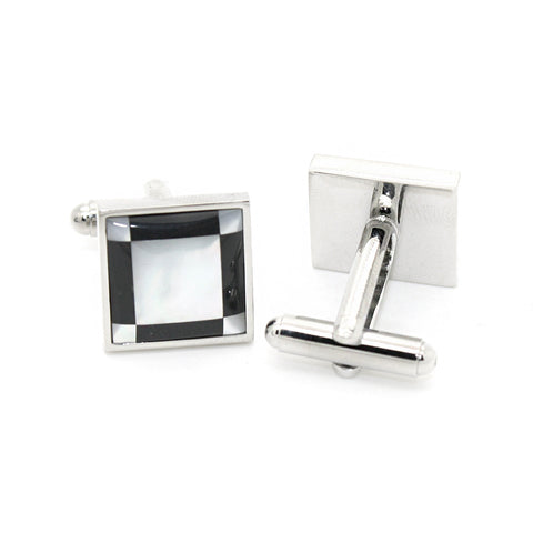 Silvertone Black and White Square Cuff Links With Jewelry Box