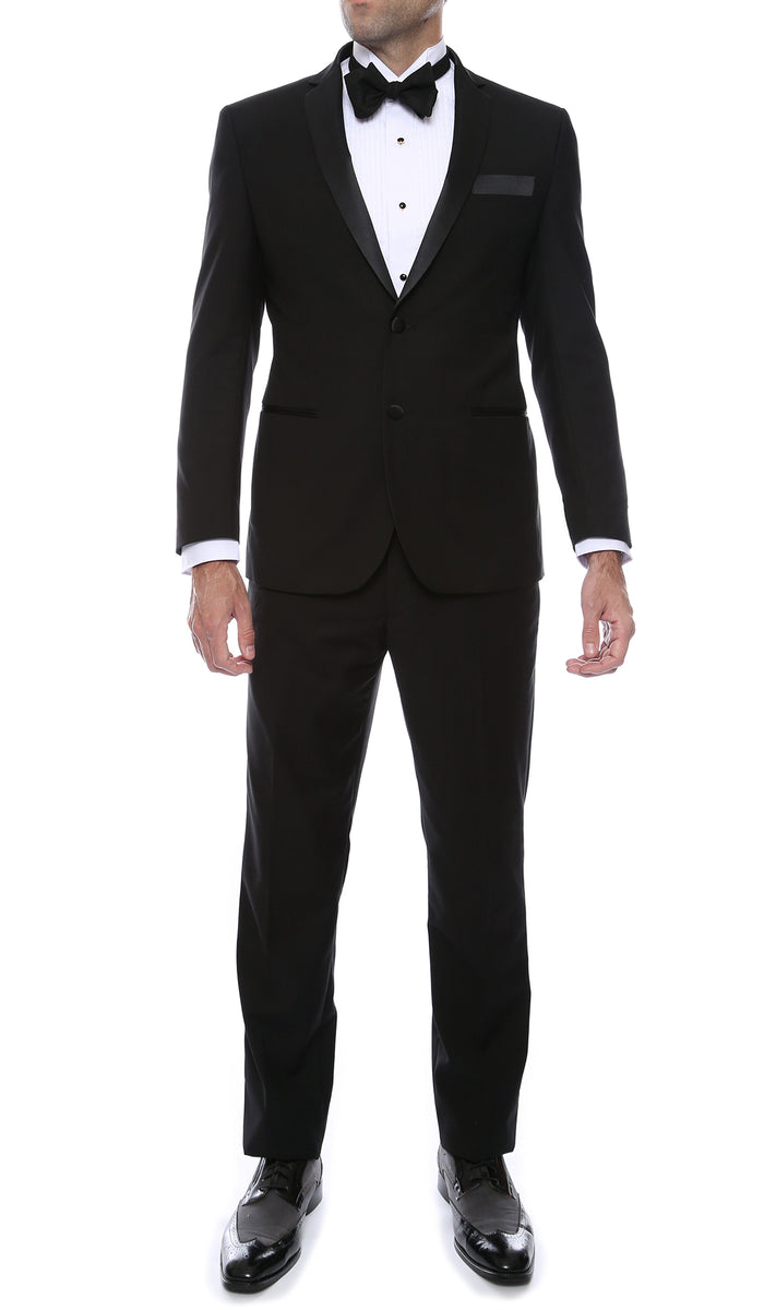 Bronson Black Slim Fit Notch Lapel Tuxedo - FHYINC best men's suits, tuxedos, formal men's wear wholesale