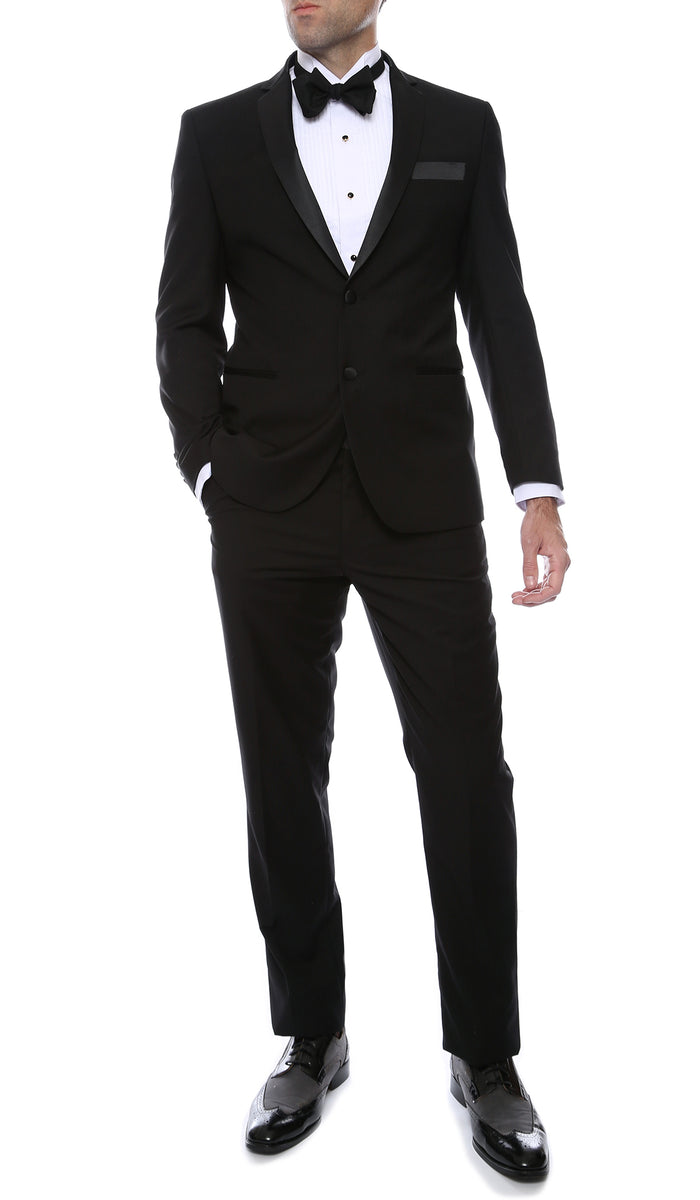 Bronson Black Slim Fit Notch Lapel Tuxedo - FHYINC best men's suits, tuxedos, formal men's wear wholesale
