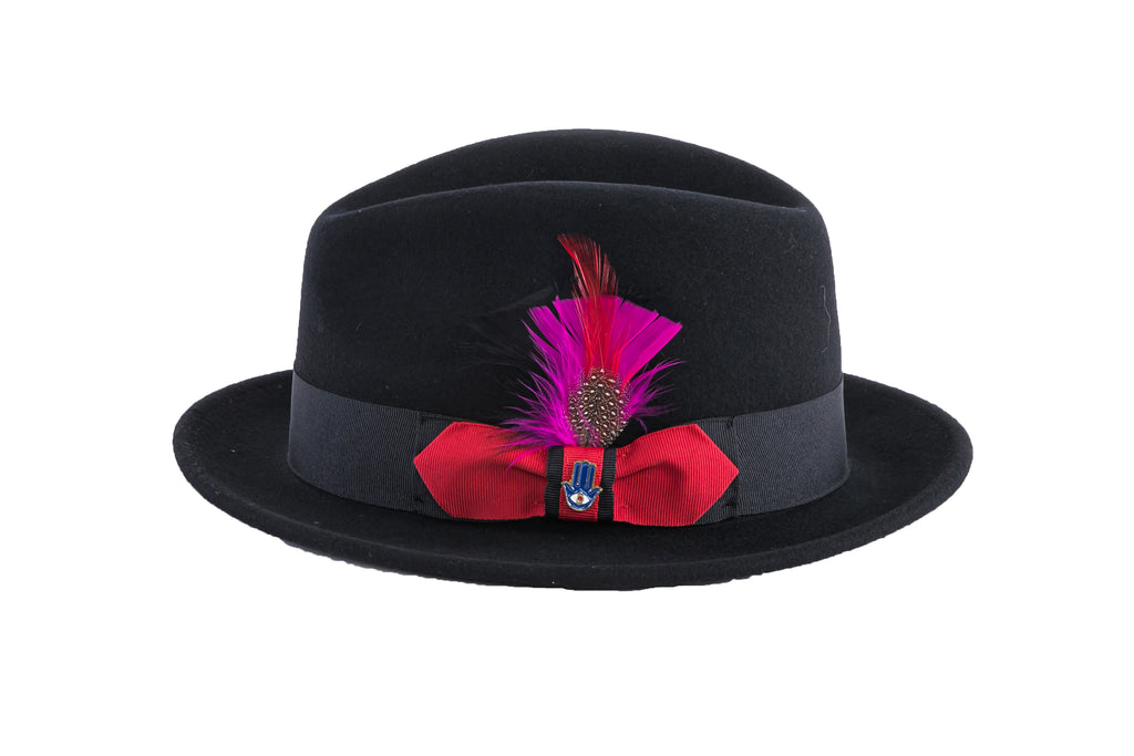Ferrecci Brooks Soft 100% Australian Wool Felt Body With Removable Feather Fully Crushable Black/Red Hat Great For Travel.