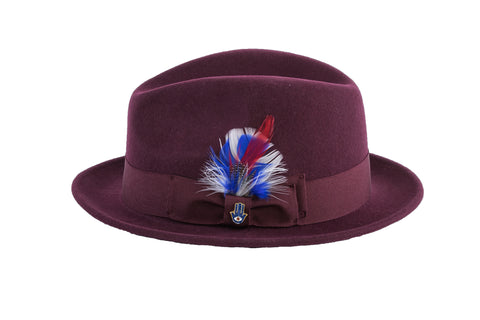 Ferrecci Brooks Soft 100% Australian Wool Felt Body with Removable Feather Fully Crushable burgundy hat Great for Travel