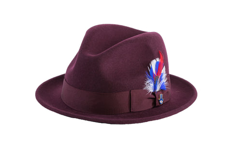 Ferrecci Brooks Soft 100% Australian Wool Felt Body with Removable Feather Fully Crushable burgundy hat Great for Travel