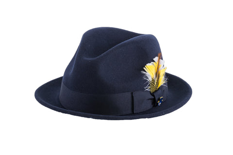 Ferrecci Brooks Soft 100% Australian Wool Felt Body With Removable Feather Fully Crushable Navy Blue Hat Great For Travel.