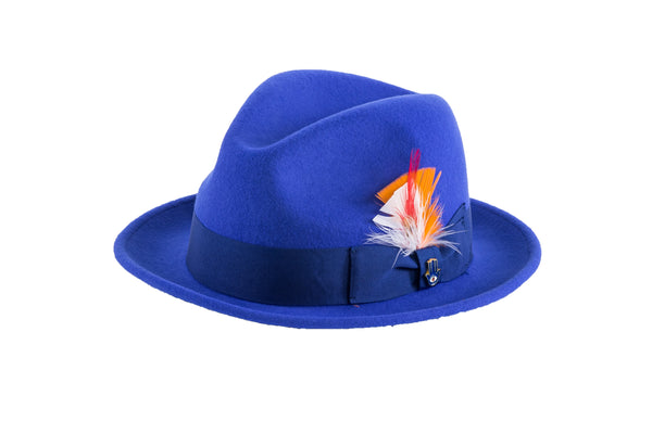 Trilby Soft 100% Australian Wool Felt Body With Removable Feather Fully Crushable Royal Blue Hat Great For Travel.