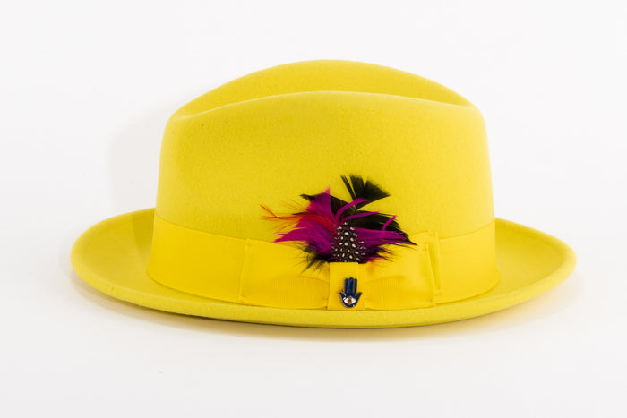 Ferrecci Brooks Soft 100% Australian Wool Felt Body with Removable Feather Fully Crushable yellow hat Great for Travel