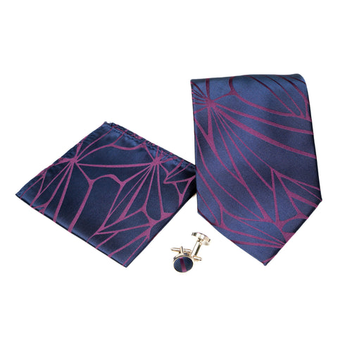 Men's Navy Burgundy Geometric Pattern Design 4-pc Necktie Box Set