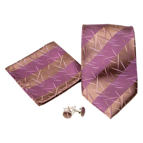 Men's Purple Brown Scattered Striped Design 4-pc Necktie Box Set
