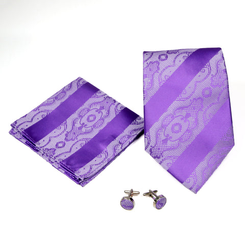 Men's Purple Stripe & Lace Pattern Design 4-pc Necktie Box Set