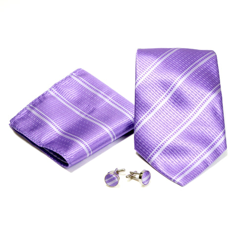 Men's Shiny Purple Striped Design 4-pc Necktie Box Set