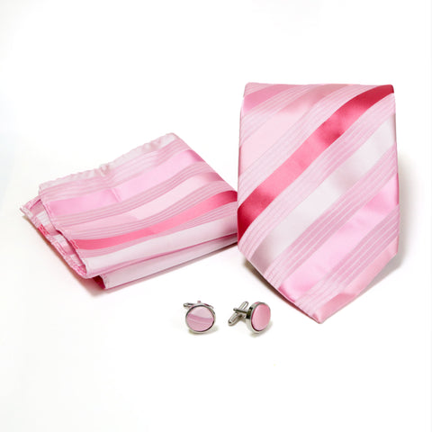 Men's Shiny Pink-Fuchsia Striped Design 4-pc Necktie Box Set