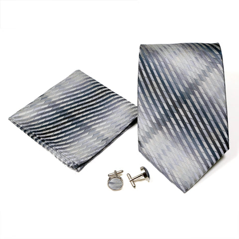 Men's Classic Grey-Blue Boxy Geometric Design 4-pc Necktie Box Set